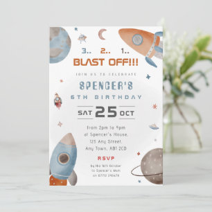 Space Rocket Birthday Party Invite 3 2 1 Blast Off