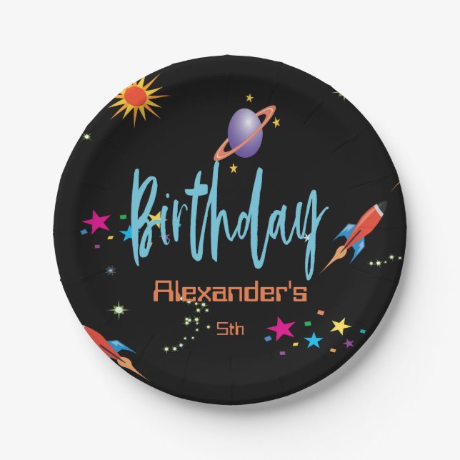 Space Rocket Boys Birthday Paper Plate (Front)