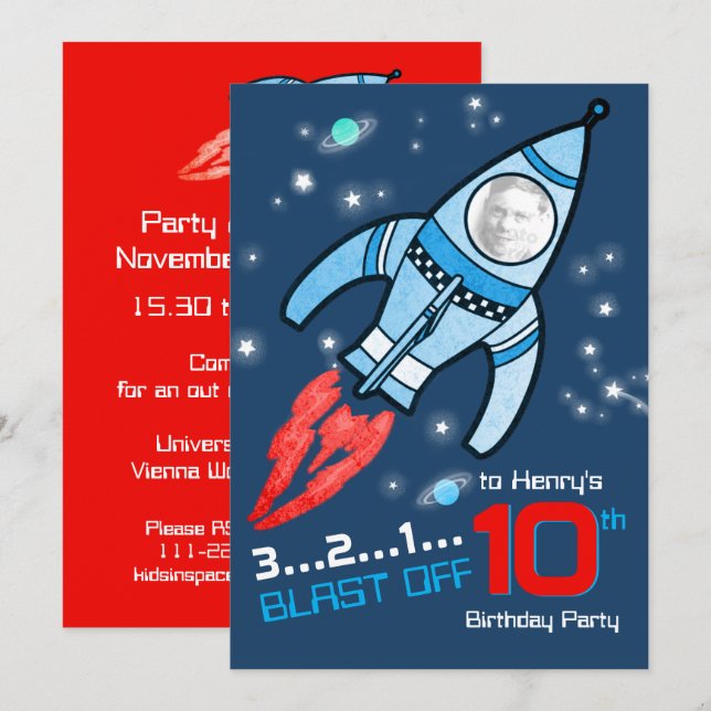 Space rocket kids 10th birthday blue  invitation (Front/Back)