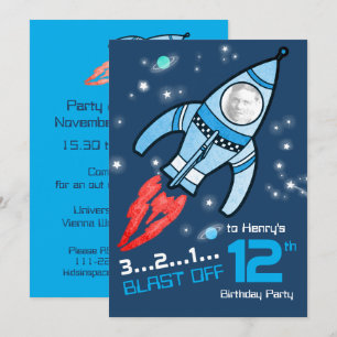 Space rocket kids 12th birthday blue invitation