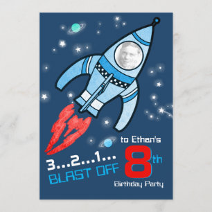space rocket kids 8th birthday blue red invitation