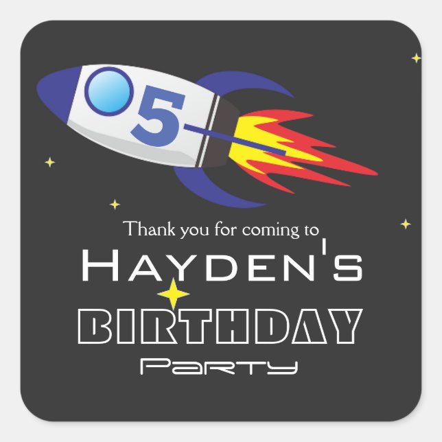 Space Rocket Kids Birthday Custom Age Square Sticker (Front)
