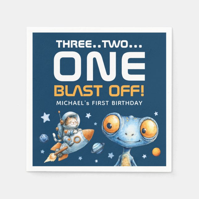 Space Rocket Launch Blast Off Cute 1st Birthday Napkin (Front)
