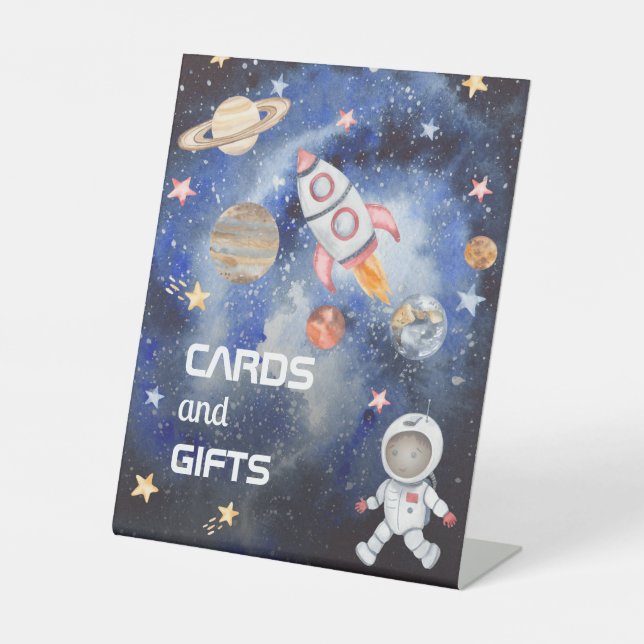 Space Rocket Planets Baby Shower Cards and Gifts Pedestal Sign (Front)