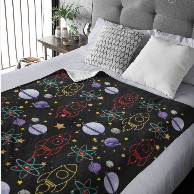 Space Rocket Planets Sherpa Blanket (Space design throw sherpa blanket)