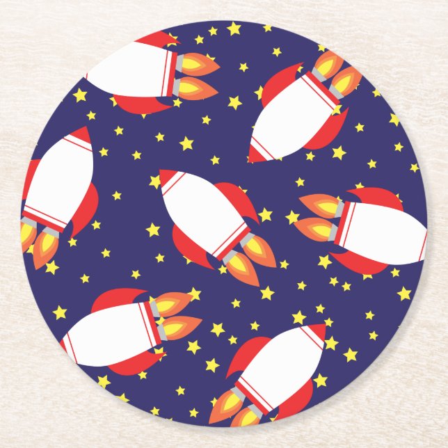 Space Rocket Ship Birthday Party Round Paper Coaster (Front)
