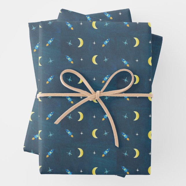 Space Rocket Ship Pattern Wrapping Paper Sheet (In situ)