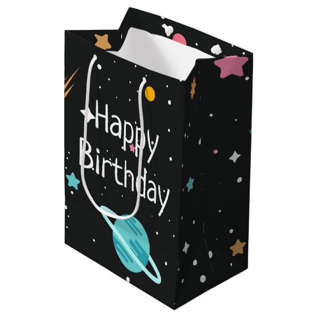 Space Rocket Ships and Planets on Black Medium Gift Bag (Front Angled)