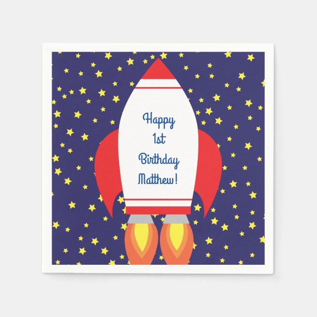 Space Rocket Star Ship 1st Birthday Party Napkins (Front)