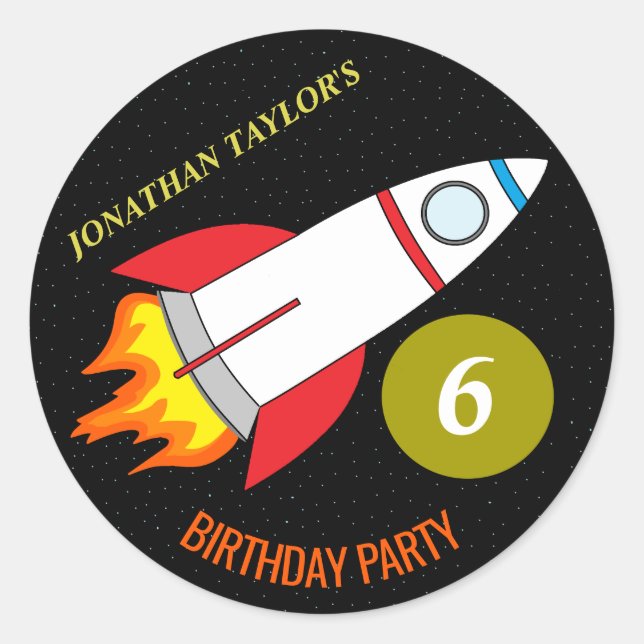 Space Rocket to the Moon Children's Birthday Classic Round Sticker (Front)