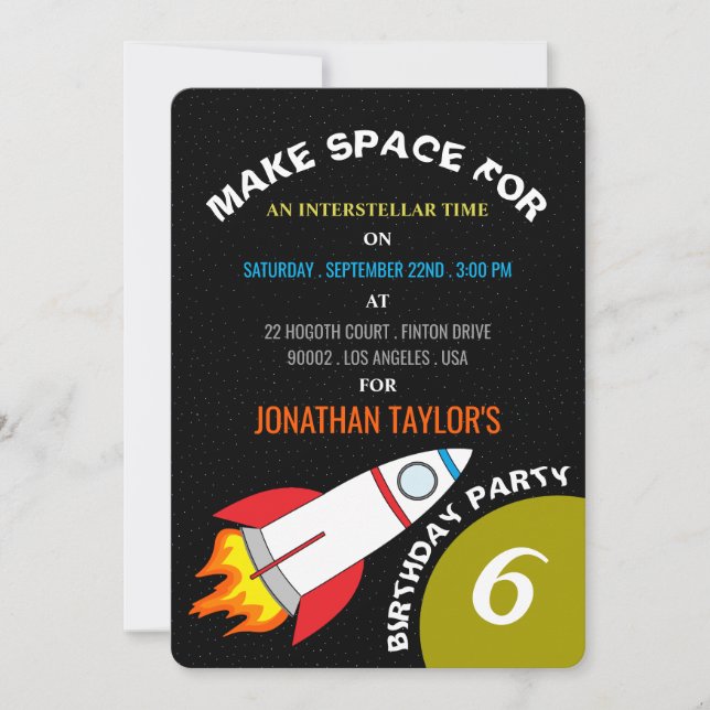 Space Rocket to the Moon Children's Birthday Invitation (Front)