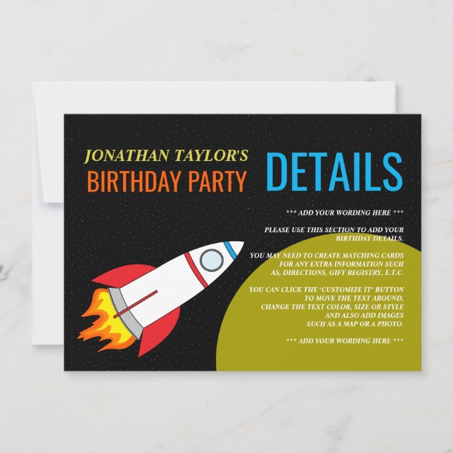 Space Rocket to the Moon Kid's Birthday Detail Invitation (Front)