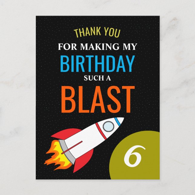 Space Rocket to the Moon Kid's Birthday Thank You Postcard (Front)