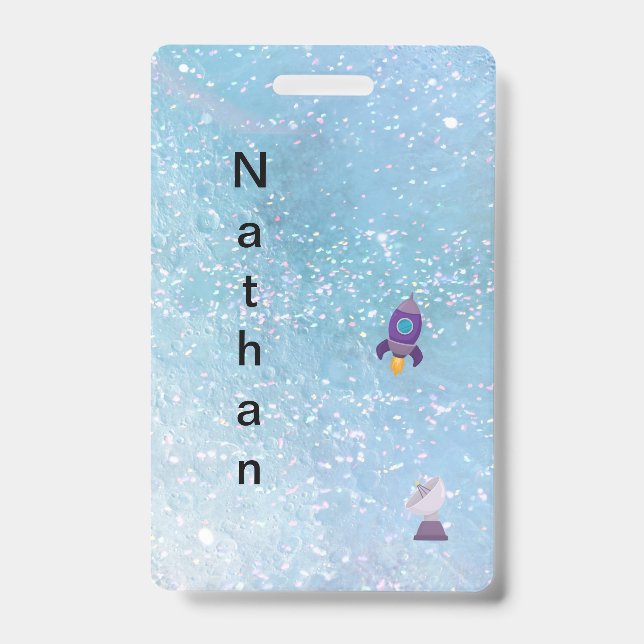 Space Rocket to the Moon with Satellite Name ID Badge (Front)