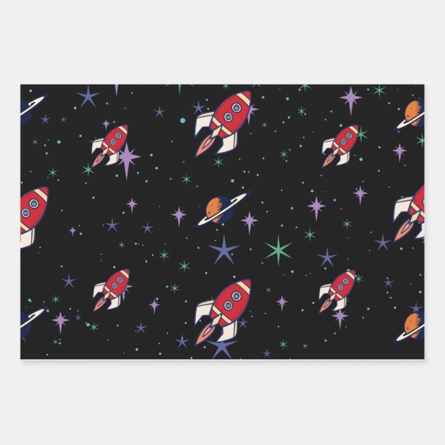 Space Rocket Wrapping Paper for Kids (Front)