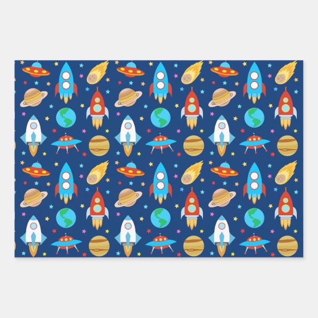 Space Rockets Stars Comets Planets Blue Wrapping Paper Sheet (Front)