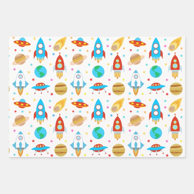 Space Rockets Stars Comets Planets Wrapping Paper Sheet (Front)