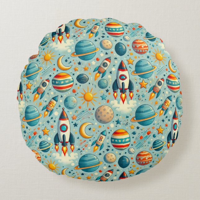 🪐 Space Round Pillow Cosmic Kids Room Decor (Front)