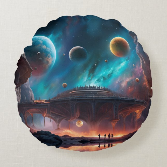  Space Ship Boarding on Another Planet Round Cushion (Front)