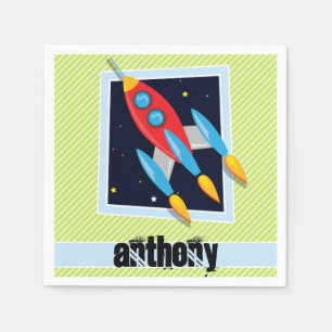 Space Ship; Lime Green & White Stripes Napkin