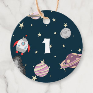 Space Ship Stars and Planets Girl First Birthday Favour Tags