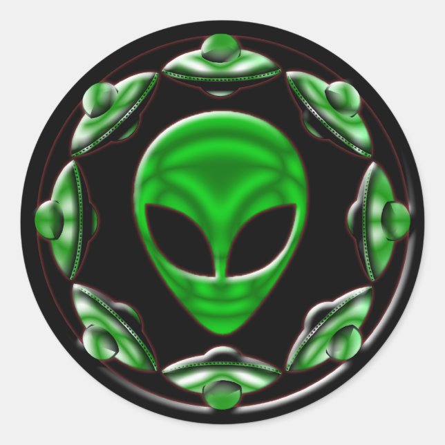 SPACE SHIPS AND ALIEN HEAD CLASSIC ROUND STICKER (Front)