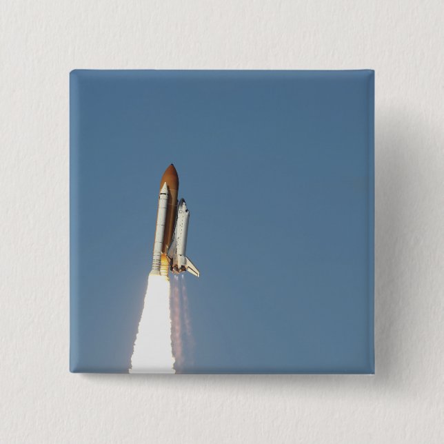 Space Shuttle Atlantis lifts off 11 15 Cm Square Badge (Front)