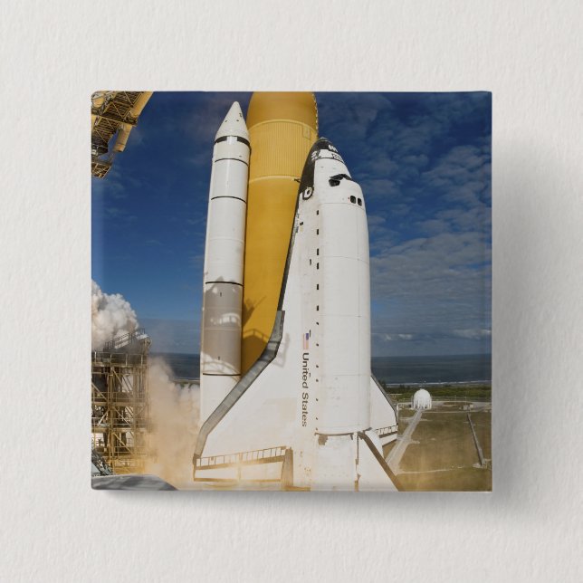 Space Shuttle Atlantis lifts off 12 15 Cm Square Badge (Front)