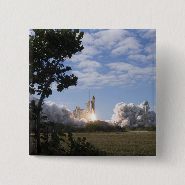 Space Shuttle Atlantis lifts off 18 15 Cm Square Badge (Front)