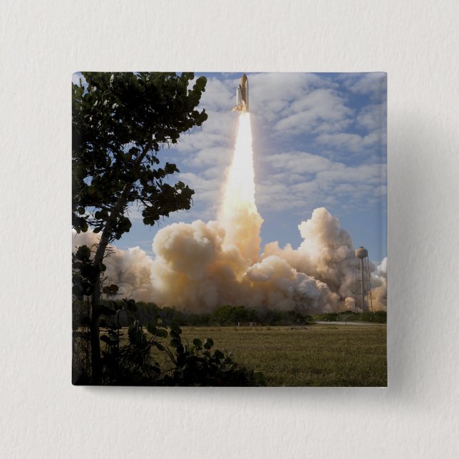 Space Shuttle Atlantis lifts off 19 15 Cm Square Badge (Front)