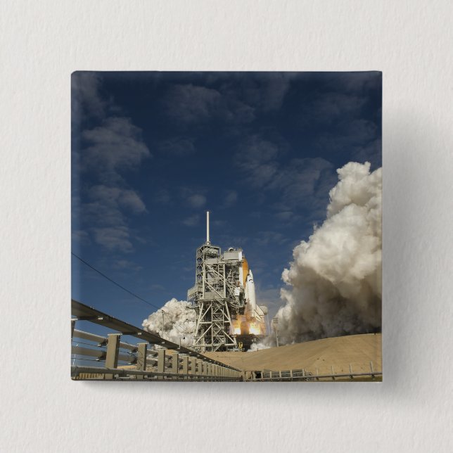 Space Shuttle Atlantis lifts off 20 15 Cm Square Badge (Front)