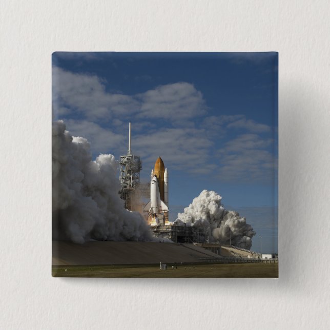 Space Shuttle Atlantis lifts off 23 15 Cm Square Badge (Front)