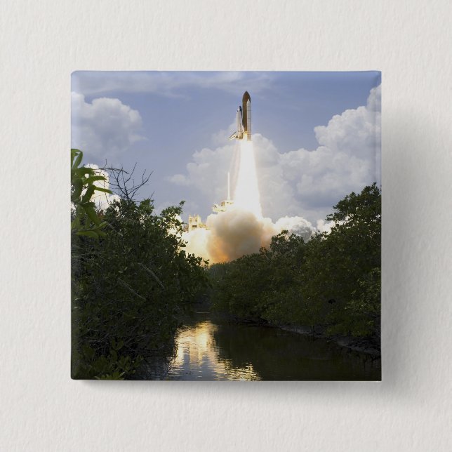 Space Shuttle Atlantis lifts off 26 15 Cm Square Badge (Front)
