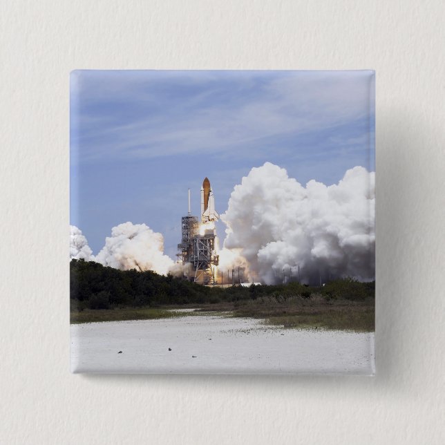 Space Shuttle Atlantis lifts off 27 15 Cm Square Badge (Front)