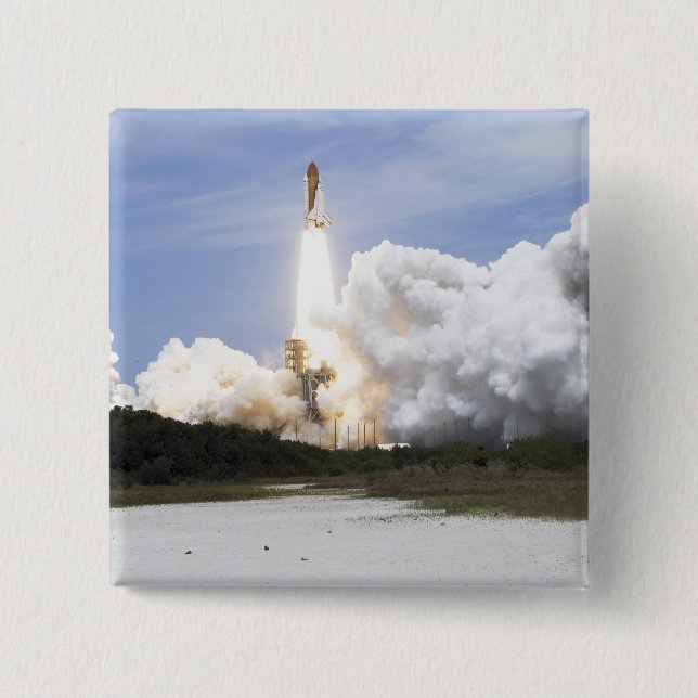 Space Shuttle Atlantis lifts off 28 15 Cm Square Badge (Front)