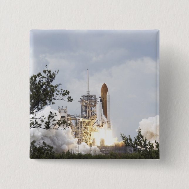 Space Shuttle Atlantis lifts off 3 15 Cm Square Badge (Front)
