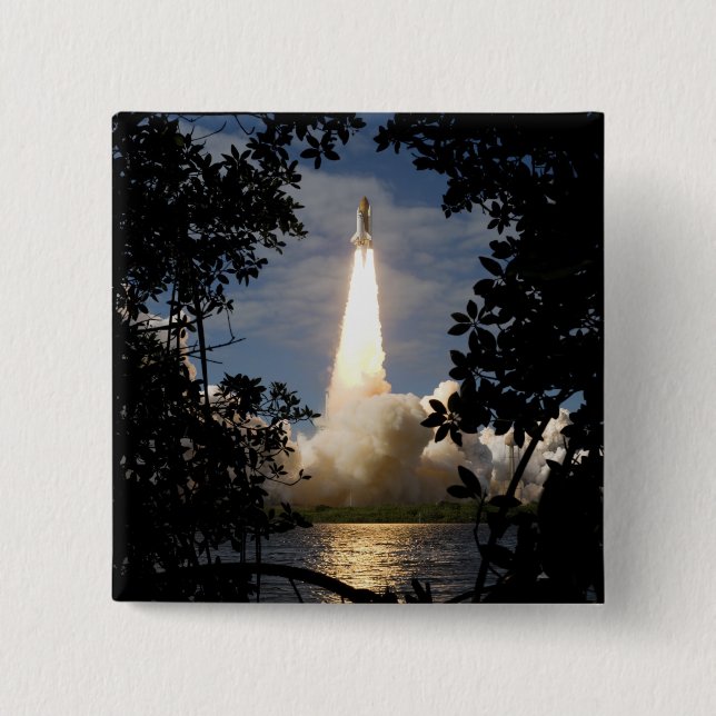 Space Shuttle Atlantis lifts off 9 15 Cm Square Badge (Front)