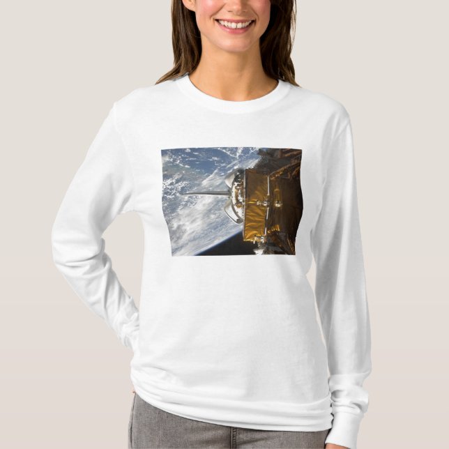 Space Shuttle Atlantis' payload bay backdropped T-Shirt (Front)