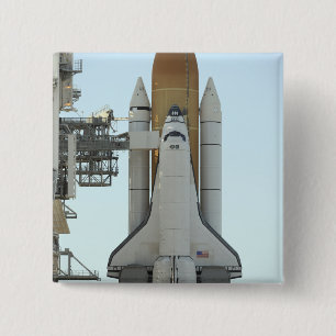 Space shuttle Atlantis sits on the launch pad 15 Cm Square Badge