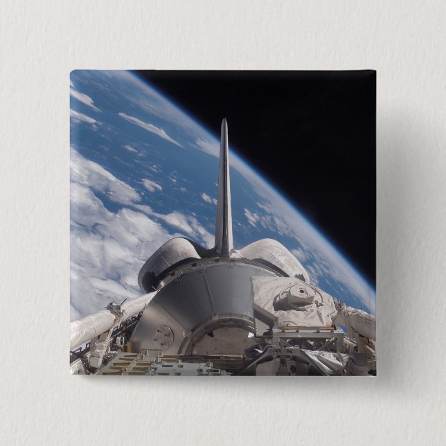 Space Shuttle Discovery backdropped by Earth 15 Cm Square Badge (Front)