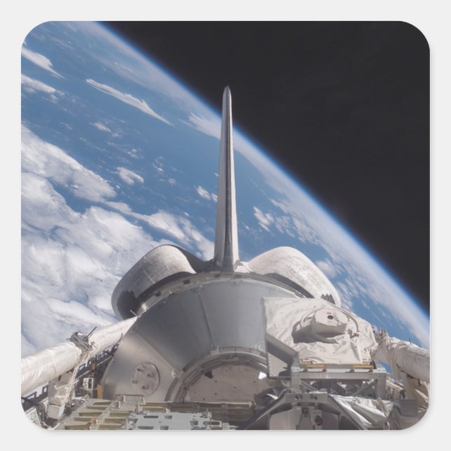 Space Shuttle Discovery backdropped by Earth Square Sticker (Front)
