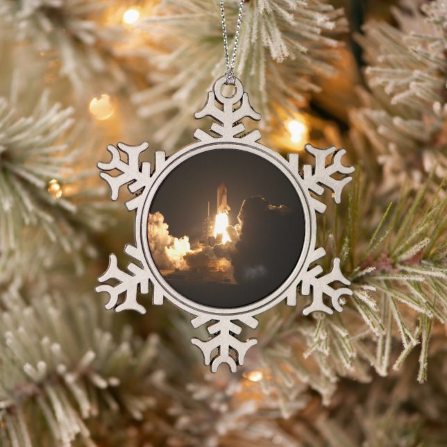 Space Shuttle Earth Orbital Spacecraft Night Canva Snowflake Pewter Christmas Ornament (Tree)