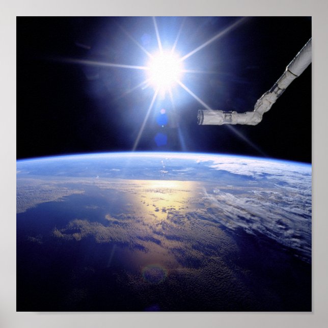 Space Shuttle Robot Arm Earth Orbit Sunburst Poster (Front)