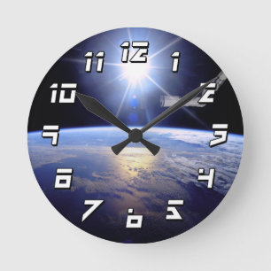 Space Shuttle Robot Arm Earth Orbit Sunburst Round Clock