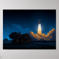 Space Shuttle Rocket Launch At Night Behind Farmho