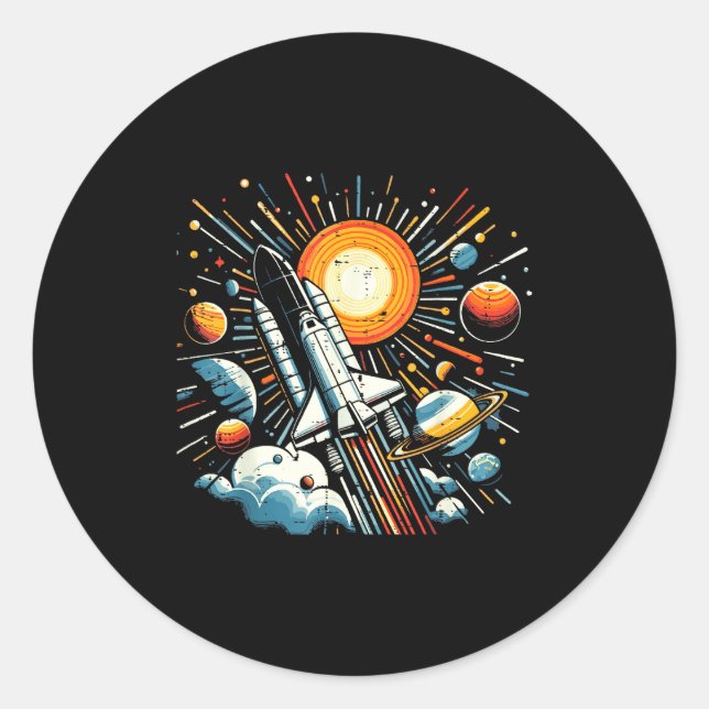 Space Shuttle Sun Planets Rocket Galaxy Boys Kids  Classic Round Sticker (Front)