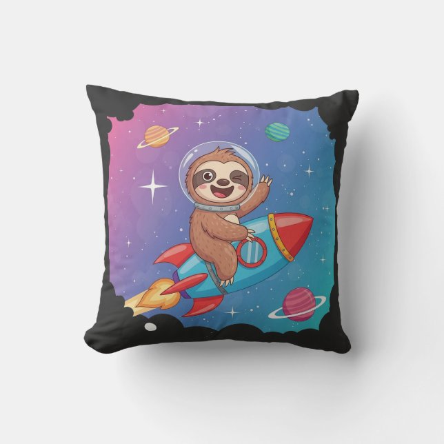 Space Sloth on Rocket – Dreamy Slow Cartoon Vector Cushion (Front)