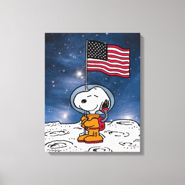 SPACE | Snoopy With Flag Astronaut Canvas Print (Front)