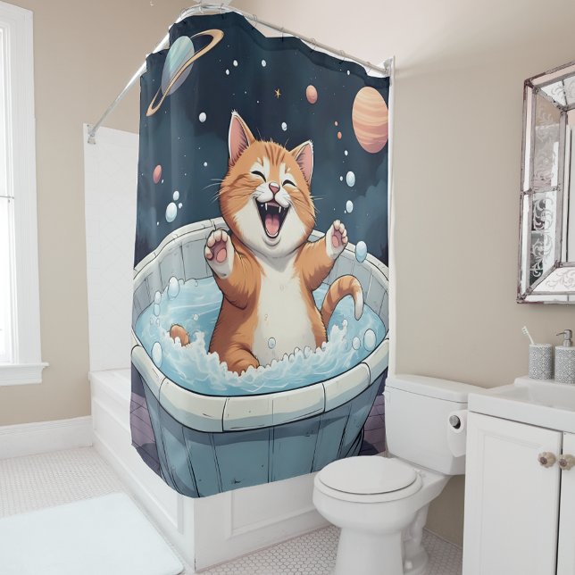 Space Spa Cat – Cosmic Bubble Bath Fun Shower Curtain (Creator Uploaded)