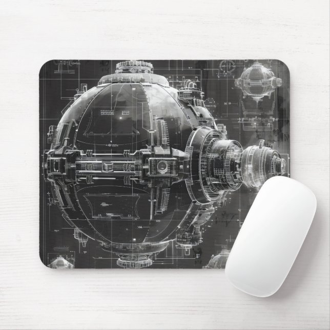 Space Station Black Diagram Mouse Mat (With Mouse)